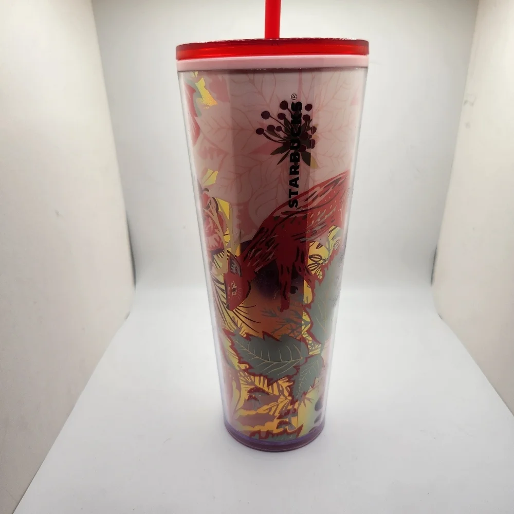 Starbucks Holiday 2022 Enchanted Forest Tumbler Red Straw & Floral Design NWT